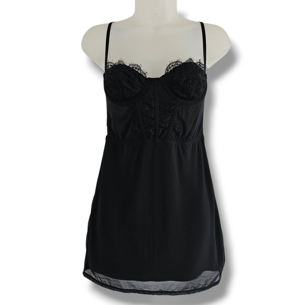 Urban Outfitters Slip Dress S Black Lace Corset Mesh Eyelash Trim Dark Fairy Alt